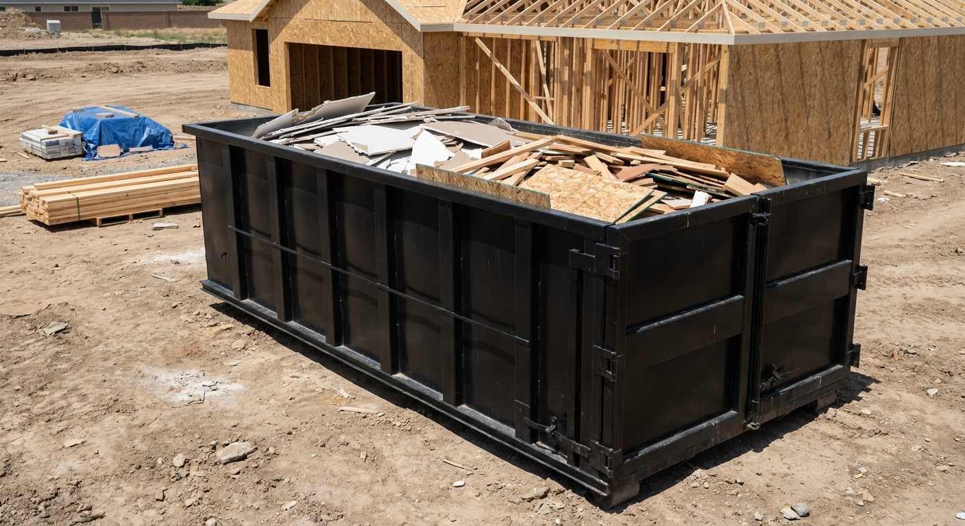 Matte-black 30-yard roll-off construction dumpster sitting directly on the compacted-dirt site of a framed single-family home build in Houston, drywall and lumber scrap loaded inside.