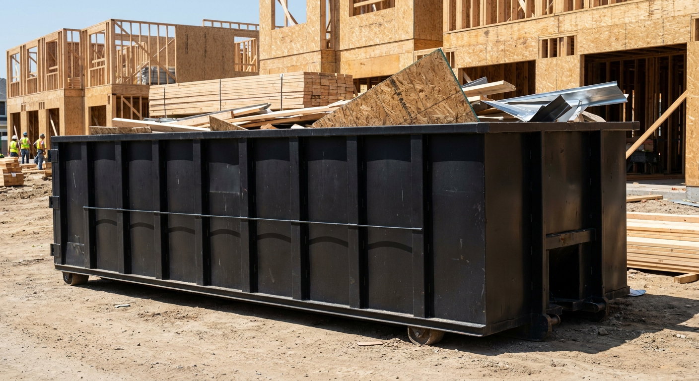 Matte-black 40-yard roll-off construction dumpster being lowered from a white-cab hooklift delivery truck onto the compacted-dirt jobsite at a commercial build site in Houston