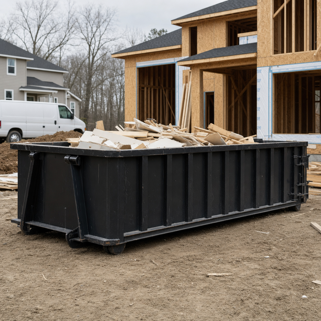 Worker in a yellow high-visibility vest tossing framing lumber and broken drywall into a matte-black 30-yard construction roll-off dumpster on an active build site in Houston, bright daylight