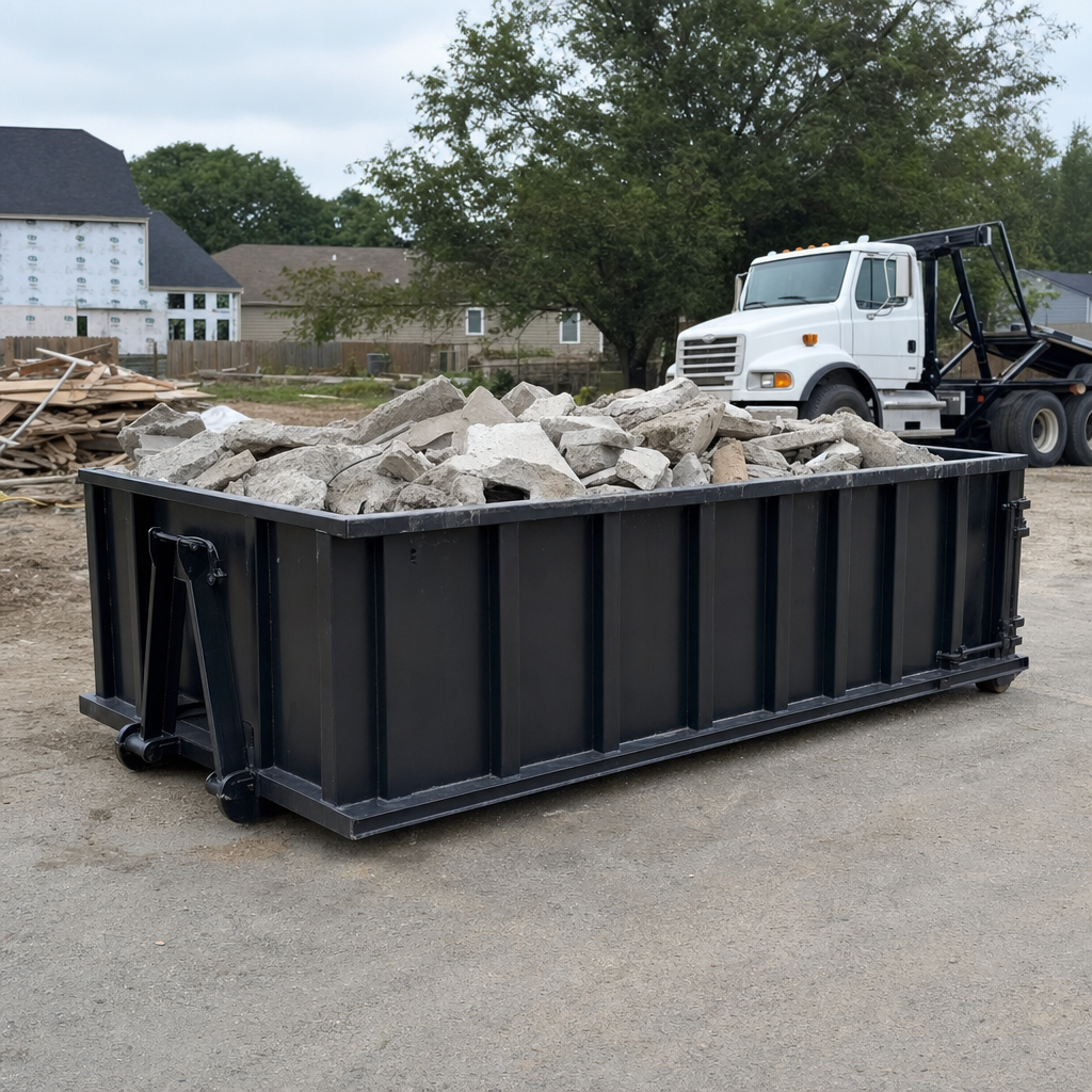 Low-profile matte-black lowboy roll-off dumpster loaded with broken concrete slab and rebar at a foundation tear-out in Houston, skid steer parked beside it, sunny Colorado morning