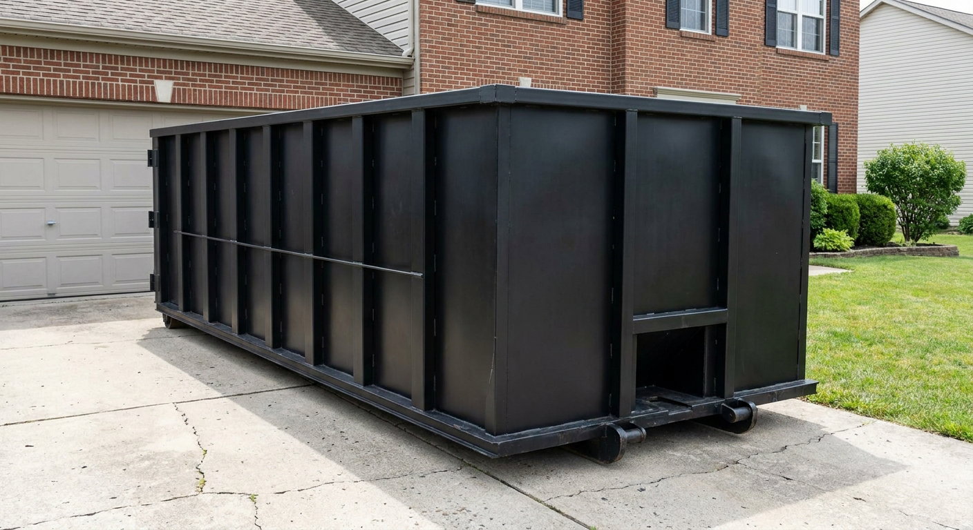 Matte-black 20-yard roll-off container on a Houston residential concrete driveway with reinforced ribbed steel sidewalls and a hinged rear walk-in door, clean bright daylight.