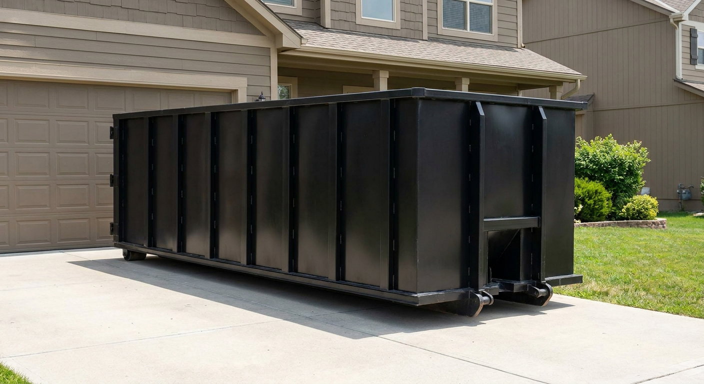 Matte-black residential roll-off dumpster sitting directly on a suburban Houston concrete driveway, garage door closed, single-family home in background, bright morning daylight.