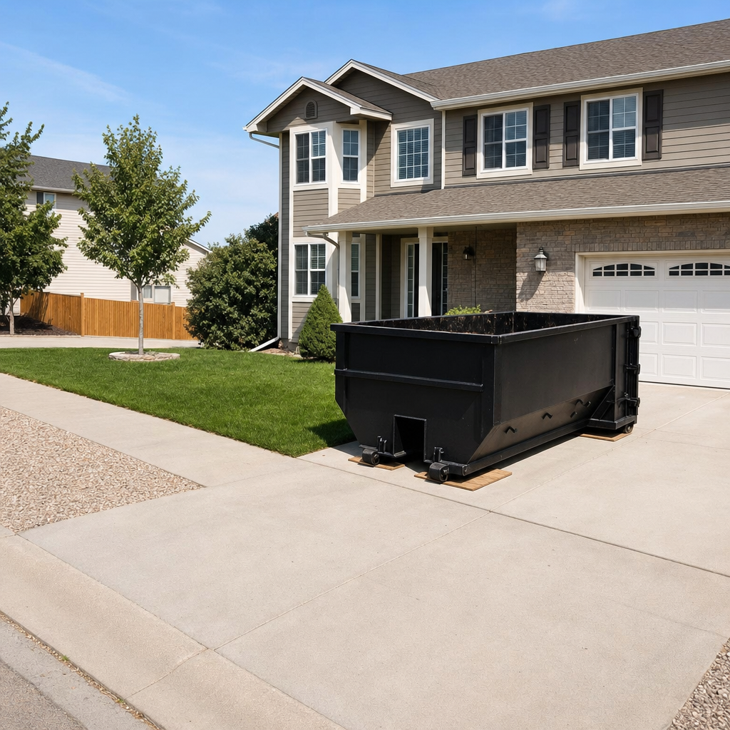 10-yard matte-black residential dumpster placed directly on a narrow Houston concrete driveway, room remains for a parked sedan beside it, mid-morning natural light