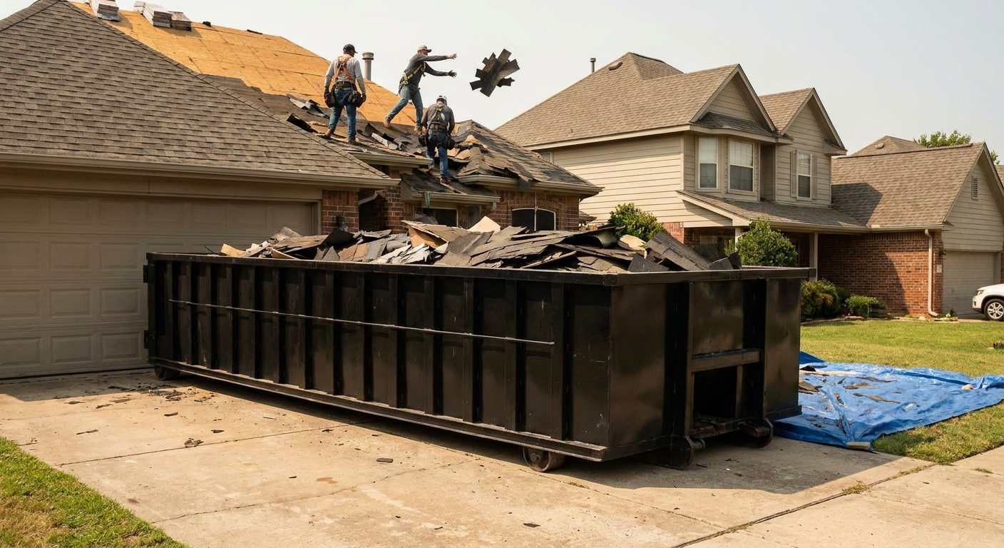 Matte-black roofing roll-off dumpster placed directly on a Houston residential concrete driveway, a tear-off crew on a two-story asphalt-shingle roof tossing shingle bundles into the low-walled container, bright daylight, documentary 35mm perspective.