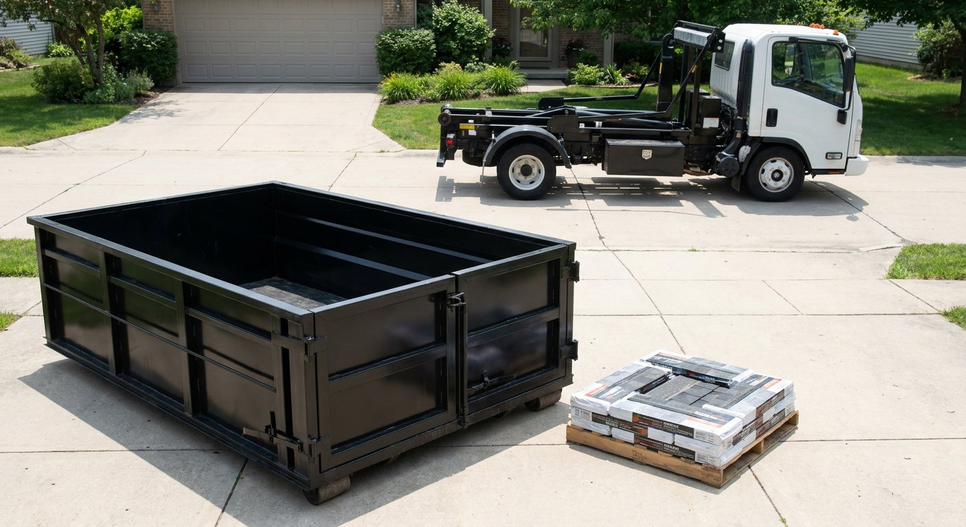 Matte-black 15-yard roofing roll-off dumpster with reinforced low side walls sitting directly on a Houston residential concrete driveway, three-tab asphalt shingle bundles stacked nearby, an unmarked white hauler truck partially visible at the edge of the frame.