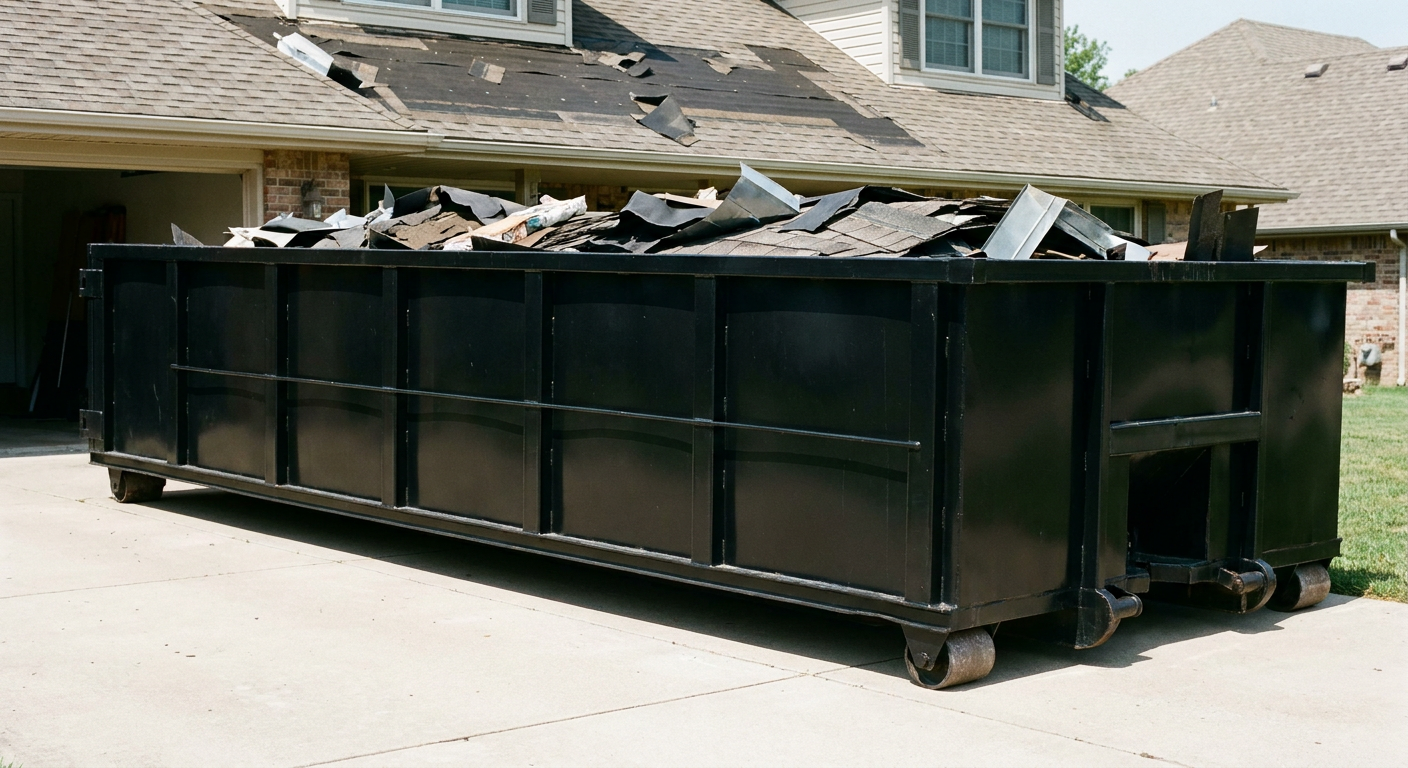 Matte-black 20-yard roofing roll-off dumpster with steel ribbed sides and swinging rear door, sitting directly on the concrete driveway of a two-story Houston home, asphalt shingle debris being loaded over the low wall, clean documentary lighting.