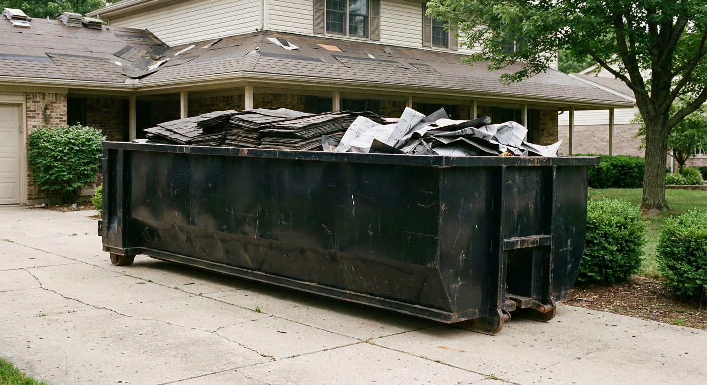 Matte-black 30-yard roofing roll-off dumpster sitting directly on a Houston concrete driveway, taller ribbed steel side panels, mixed tear-off debris of asphalt shingles and underlayment inside, professional documentary daylight.