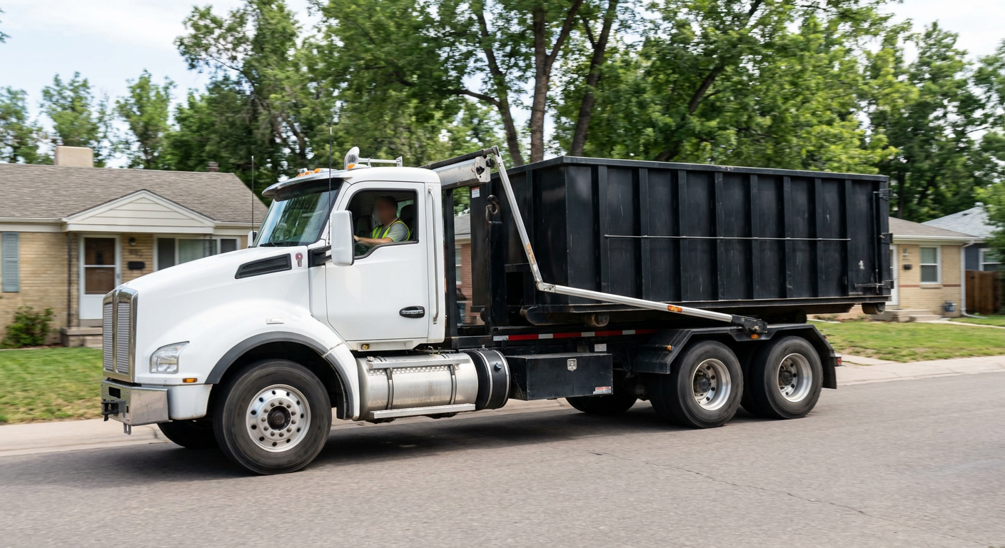 A wide documentary shot of a matte-black roll-off delivery truck pulling onto a quiet Houston residential street at mid-morning, with neighborhood rooftops and tree-lined blocks visible behind, showing the metro coverage footprint.