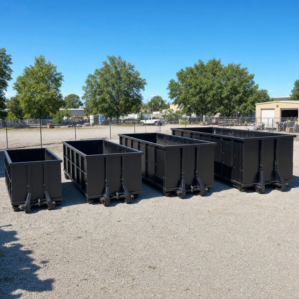 A clean lineup of matte-black roll-off dumpsters in 10, 20, 30, and 40-yard sizes staged on a sunlit gravel yard in Houston, showing the size progression from compact to commercial-scale containers.
