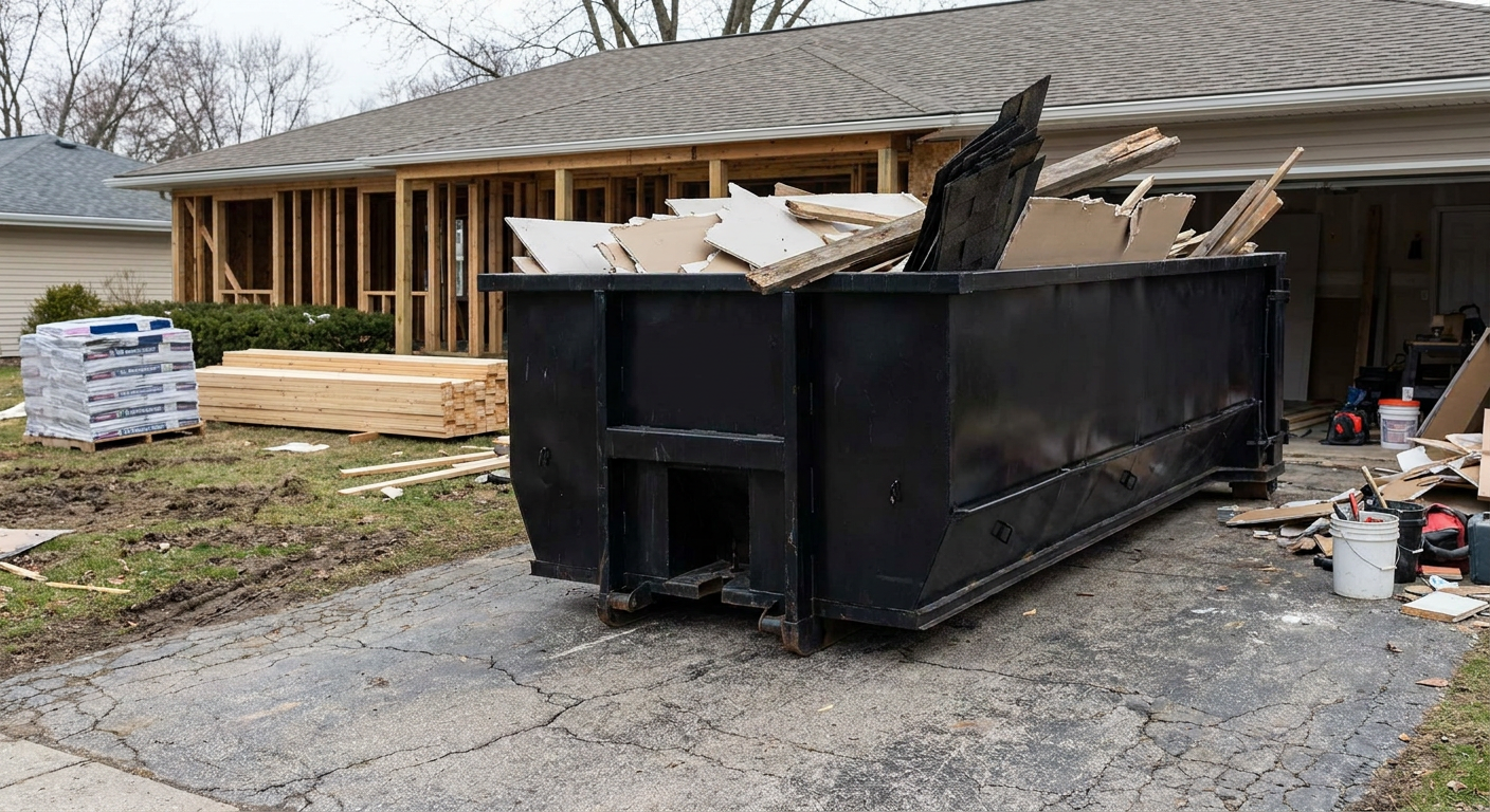 A matte-black 20-yard roll-off dumpster placed alongside a mid-renovation Houston home directly on the asphalt driveway, with framing materials and torn-off shingles staged neatly nearby.
