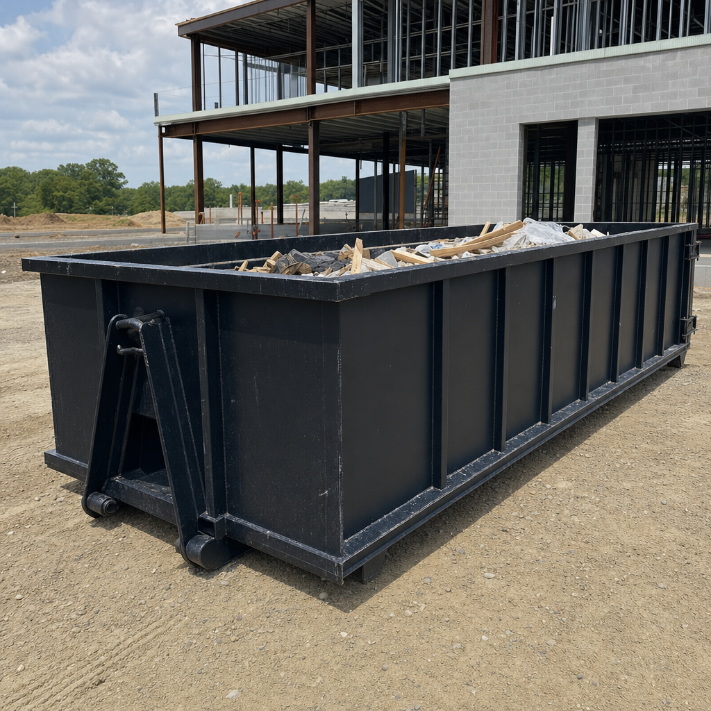 A matte-black 40-yard roll-off dumpster staged on a large Houston commercial construction lot, with a hooklift delivery truck parked alongside under bright midday sky.