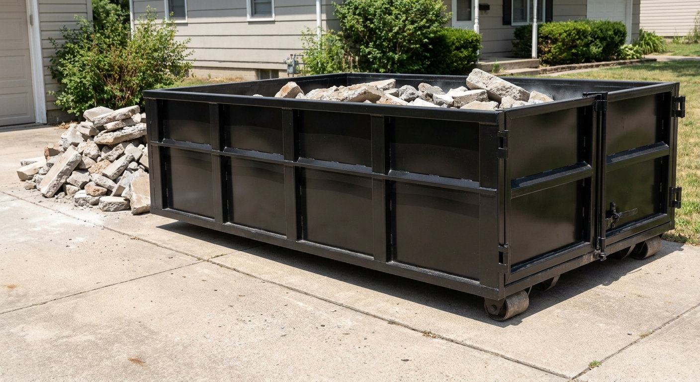 A matte-black low-side heavy-debris roll-off dumpster placed directly on a Houston concrete driveway, with broken concrete chunks neatly stacked beside it under clean daylight.